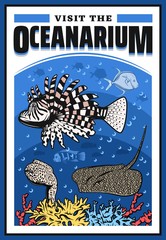 Oceanarium with lionfish, moray eel, stingray and corals, underwater wild life show, undersea world zoo with marine ocean sea animals. wildlife aquarium festival event, vector cartoon lion fish