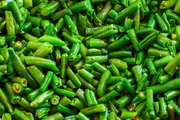 Juicy green string beans close-up. Background. Diet food or healthy vegetable side dish