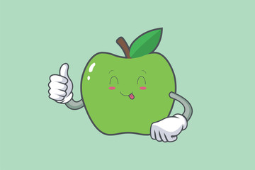 YUM, TONGUE, cheerful, Face Emotion. Thumb Up Gesture.Green Apple Mascot Illustration.