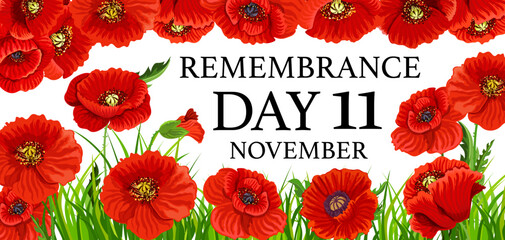 Remembrance day poppy flowers, vector poster of Commonwealth national memorial tribute to army soldiers and war veterans. 11 November remembrance day of First World War - obrazy, fototapety, plakaty