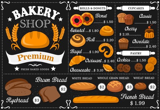 Baker shop and patisserie vector menu template. Bread and pastry assortment on black board with flour. Pie and swissroll, bagel and buns, donut, croissant and baguette, ryebread, donut and cookes