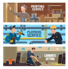 Plumber, painter and laminate flooring installer workers. Plumber repairing a pipeline, stacker laying a laminate plank, painter with brush painting a wall. Construction, room renovation industry