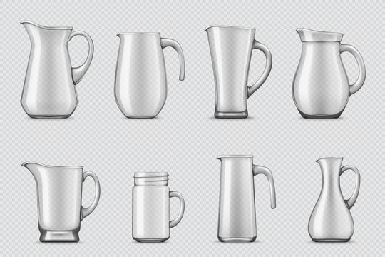 Glass jugs and pitchers 3d realistic vector set. Various size and shape, empty pitchers with handle and spout, threaded jug and glossy glass vase isolated on transparent background. Kitchen glassware