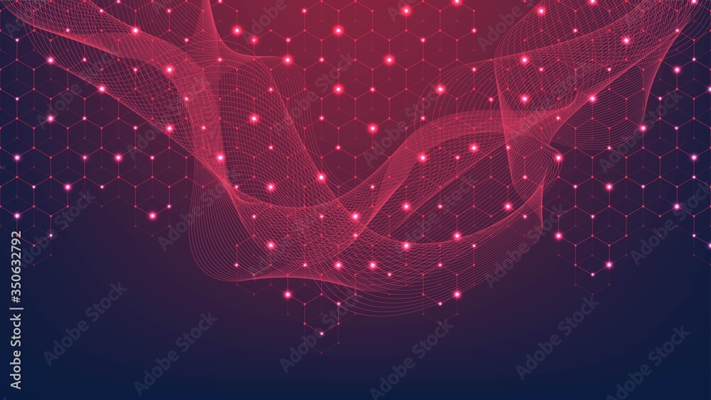 Wall mural hexagons abstract grid with connected lines and dots. embossed hexagons grid background. hex digital