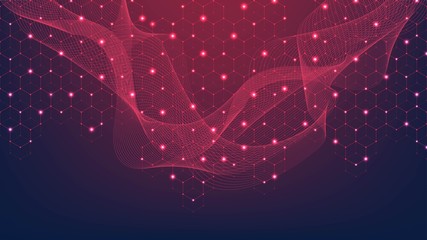 Hexagons abstract grid with connected lines and dots. Embossed hexagons grid background. Hex digital pattern with subtle polygons. Linear geometric texture. Hexagonal vector illustration.