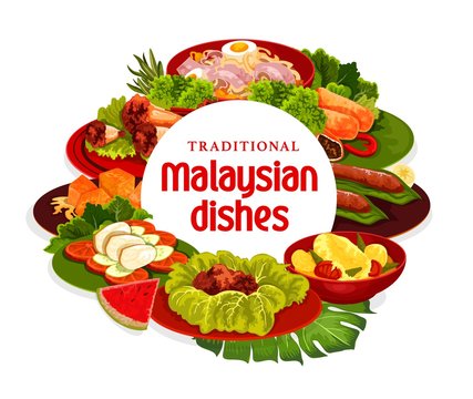 Malaysian cuisine dishes vector banner. Meat stew, fish curry and banana dessert, meat pies, noodle soup and grilled chicken, pumpkin in coconut milk. Malaysian cuisine meals, meat and vegetables