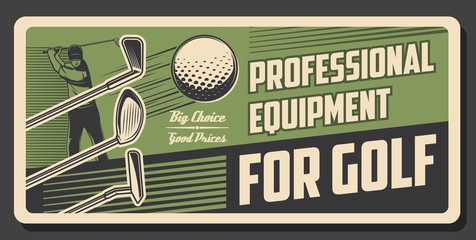 Golf sport retro poster. Golfer swing a ball with club. Professional sports equipment store vintage vector design. Tournament, championship game. Golf player striking a ball with stick on green putter