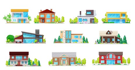 Houses, real estate villas and cottages isolated vector icons. Cartoon village residential buildings and private property architecture, mansions, townhouse family apartments with garage and trees