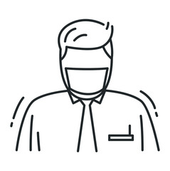 Office worker line icon. Businessman, admin, manager.Character uses a medical mask to protect himself from flu, coronavirus and air pollution. Isolated vector healthcare illustration.
