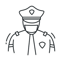 Policeman line icon. Police officer uses a medical mask to protect himself from flu, coronavirus and air pollution. Isolated vector healthcare illustration.
