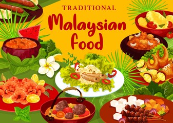 Malaysian cuisine menu vector cover. Beef rib soup and fried shrimps, bean sprouts with anchovies, fish curry, stuffed crab claws, Devils meat, cucumber and pineapple salad. Restaurant food menu