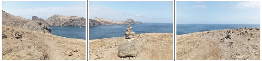 Triptych collage as panorama of Ponta de Sao Lourenco with a cairn