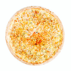 Pizza quattro fromaggi on a wooden board