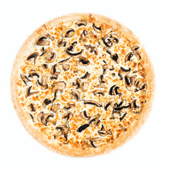 Italian pizza with cheese , tomato , chicken fillet and mushrooms on white background