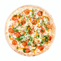Top view of Italian pizza on white background