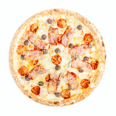 Hawaiian Pizza isolated on a white background. Pizza with meat, ham, pepper and pineapple. Top view.