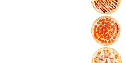 Big set of different pizzas: Barbecue, Peperoni's, Mexican, Chicken, , Italian, Margarita, Isolated on white background/ Banner.