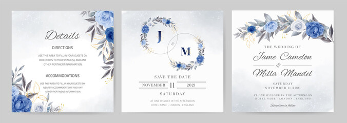 Navy blue wedding invitation set. Rose flower watercolor with gold leaves. Template card. Circle bouquet.