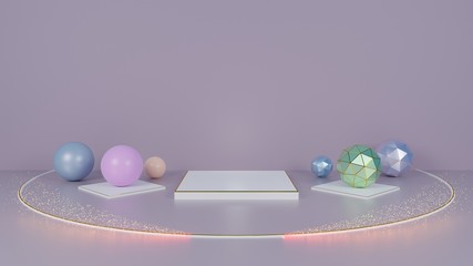 Product placement space in a white room. 3D rendering soft pastel colors for product display stand, Minimal Studio, Abstract mock up witch copy space for Showcase.