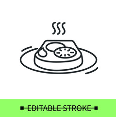 Toast with cucumber line icon.Fresh bread with slices cucumber on a plate.Homemade recipe.Isolated linear  vector food illustration.Editable stroke

