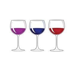 Wine Glasses. Purple Wine, Blue Wine and Red Wine.