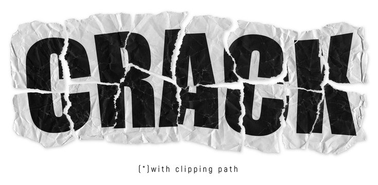 Crack concept (word) on a torn, crumpled and damaged piece of breaking paper. Isolated image with clipping path to remove and replace background easily.