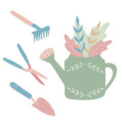 gardening collection. rake, shovel, scissors, watering can set. flat vector doodle illustration in paster colors.