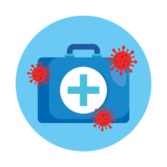 first aid kit with particles covid 19 vector illustration design