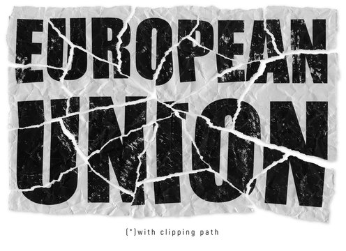 European union concept (text) on a torn, crumpled and damaged piece of breaking paper. Isolated image with clipping path to remove and replace background easily.