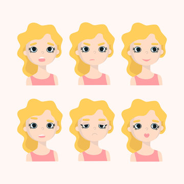 A set of six different female emotions. The face of a young girl expresses surprise, anger, bewilderment, a neutral smile and love. Emotions of a female character for animation. Mascot for the brand.
