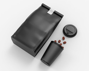 Blank Craft Brown Paper Bag Packaging For coffee beans with paper cup, dry fruits and other food items. 3d render illustration.