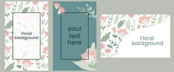 floral background collection. Abstract floral collage with copy space for logo, greeting text, title. Background of leaves and flowers. Banner with pastel colors and hand drawn elements. Vector