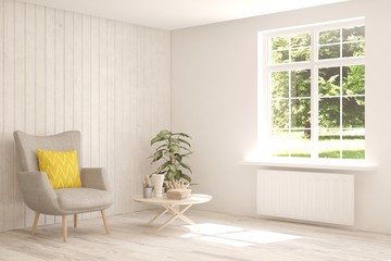 White living room with armchair and green landscape in window. Scandinavian interior design. 3D illustration