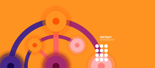 Flat style geometric abstract background, round dots or circle connections on color background. Technology network concept.