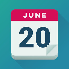 June 20 calendar, day of summer solstice (flat design)