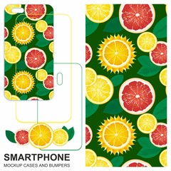 Mobile phone cover design. Seamless pattern with slices of lemons, grapefruits and sun. Bright yellow lemon, red grapefruit and Sun. Vector backgrounds ready for print.