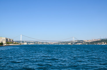 Bridge over the Bosphorus in Istanbul from a cruise boat from the water side