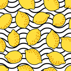 Seamless pattern with lemons on geometric background. Trendy texture for print, textile, packaging, wallpaper. Hand drawn vector illustration.