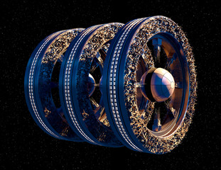 3D futuristic sky-city spaceship on a three-wheel structure with the clipping path included in the illustration