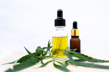 Hemp leaves and CBD oil. Alternative Medicine, Herbal Treatment concept