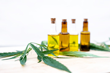 Hemp leaves and CBD oil. Alternative Medicine, Herbal Treatment concept