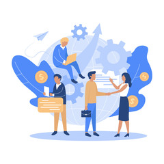 Teamwork, cooperation, partnership. Agreement of parties, hand shake, signing documents. Vector illustration flat design style.