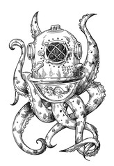 Octopus in a old diving helmet. Hand drawn vector illustration. - 350639757