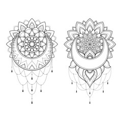 Set of two ethnic mandalas with moon and ornament for greeting card, invitation, Henna drawing and tattoo template. Moon tattoo. Vector illustration