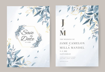 Blue color wedding invitation card set , blue and gold leave with watercolor background.
