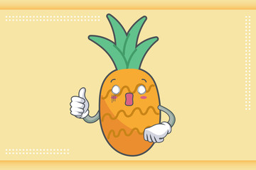 SPACED OUT, SURPRISED, SHOCKED Face Emotion. Thumb Up Hand Gesture. Pineapple Fruit Cartoon Drawn Mascot Illustration.