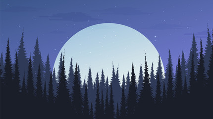 Beautiful Night Pine Forest with the moon,landscape background, evening concept design,vector - obrazy, fototapety, plakaty