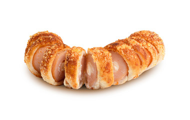 Pretzel dogs with cheese isolated on white background with clipping path, Hot and spicy.