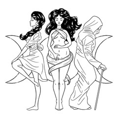 Three women figures, symbol of Triple goddess as Maiden, Mother and Crone, moon phases. Hekate, mythology, wicca, witchcraft. Vector illustration