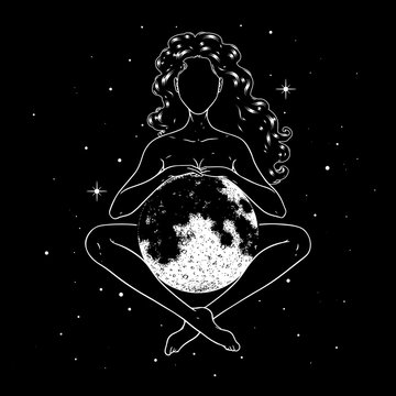 Beautiful Woman Meditating With Full Moon In Space, Goddess Symbol. Vector Illustration